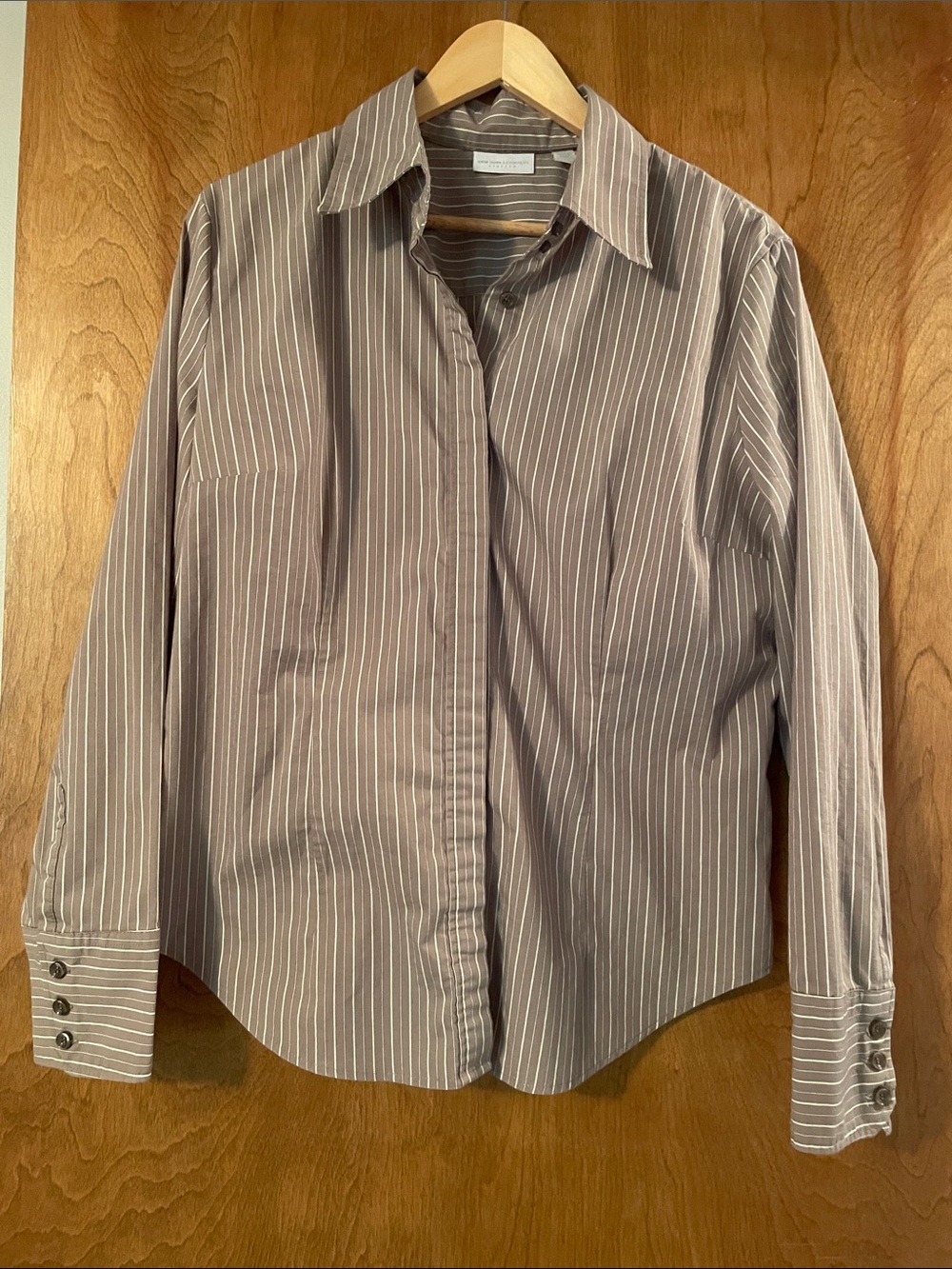 New York & Company Taupe and White Striped Button-Up Blouse, XL